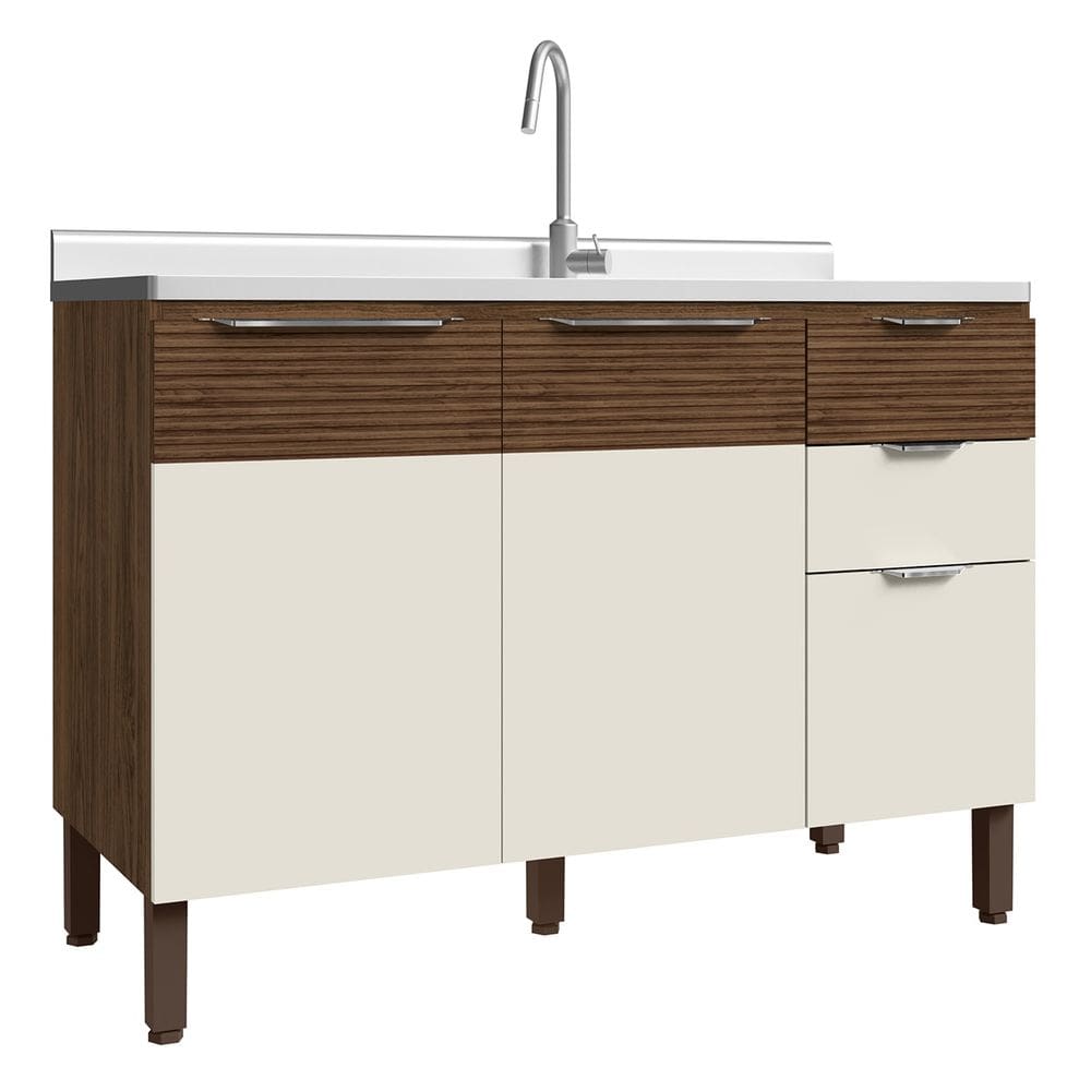 Balcão Cozinha Com Pia 120cm 3 Portas Dora Z06 Nogueira/Preto - Mpozenato
