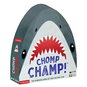 Jogo Mudpuppy Chomp Champ com 40 cartas, 4 peças de tubarão e 30 fichas
