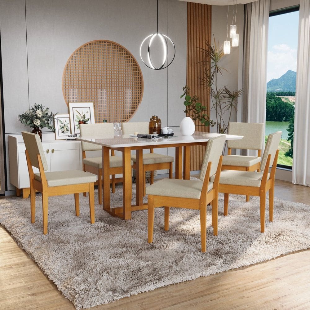Conjunto Mesa Filadélfia com Vidro 6 Cadeiras Miami Tecido A40 100% Madeira Maciça Cerejeira/ Palha