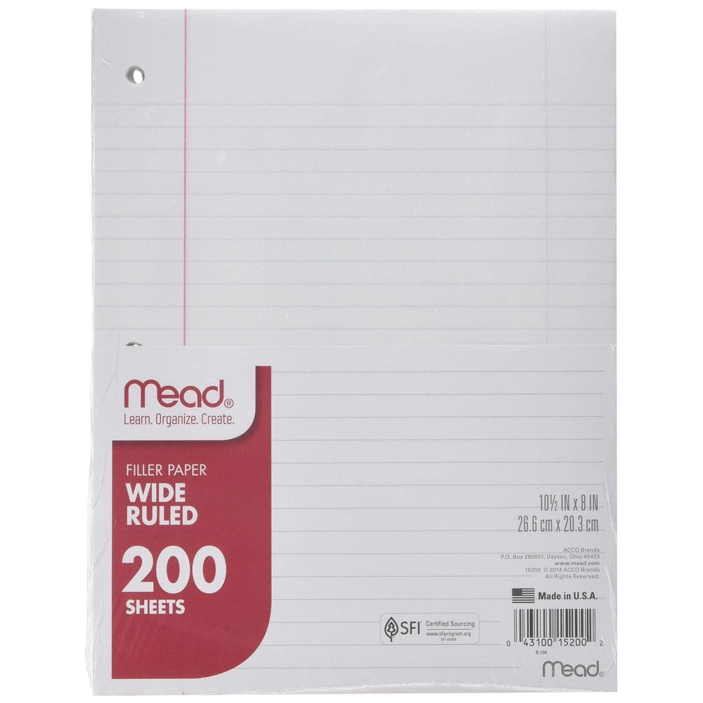 Papel de enchimento Mead Wide Ruled 200 folhas, pacote com 5, 21x27 cm