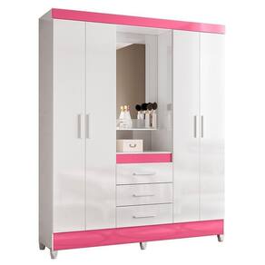 Guarda Roupa Solteiro Capelinha Capri 4 Portas E 3 Gavetas Flex Branco Rosa Com Espelho Moval Branco Rosa