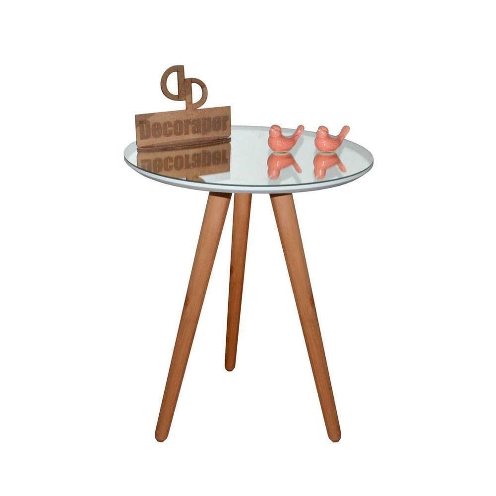 Mesa De Canto Pés Palito Amadeirado Com Espelho 60cm Branco 50cm