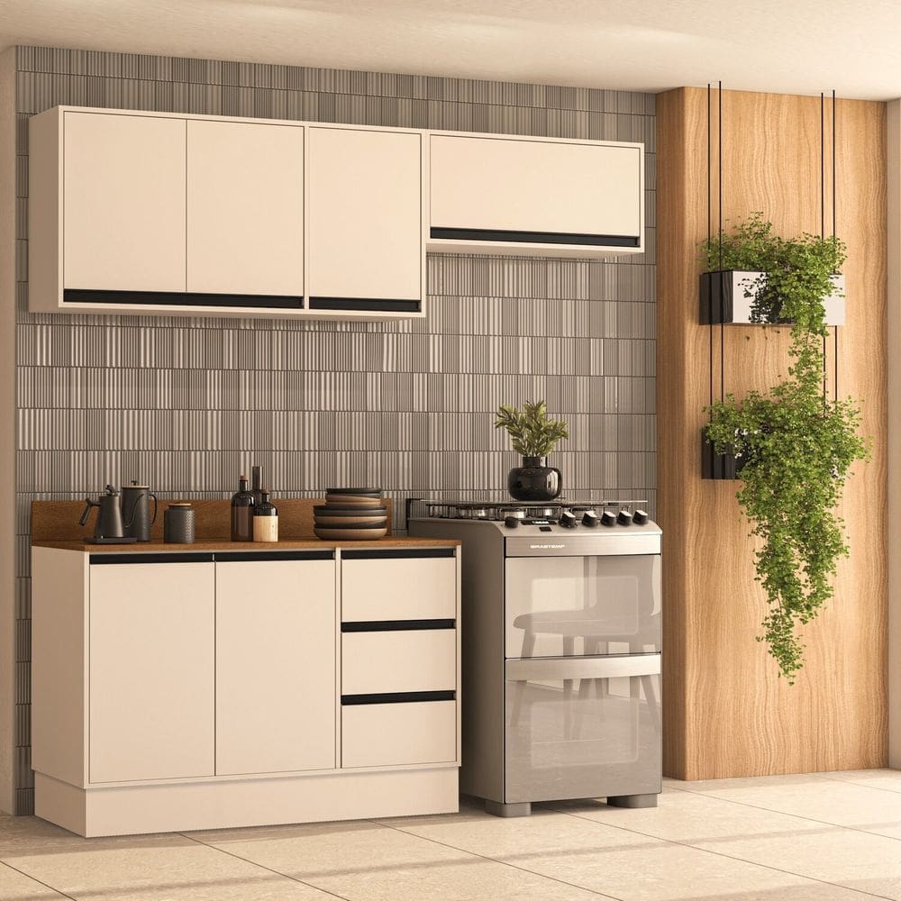 Cozinha 3 Peças Balcão 3 Gavetas 2 Portas Aéreo e Basculante Com Tampo Koya Branco/Creme