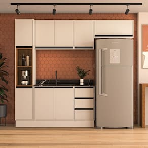 Cozinha 4 Peças Balcão 3 Gavetas 2 Portas Aéreo Basculante Paneleiro sem Tampo Koya Branco/Creme