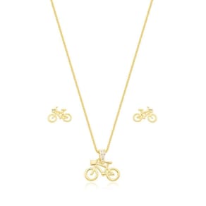 Conjunto Colar E Brincos Bicicleta Banhado A Ouro 18k