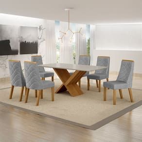 Conjunto Sala de Jantar Mesa 180cm Tampo de 2,5cm com 6 Cadeiras Aurora Cinamomo/Off White/Prata Linho