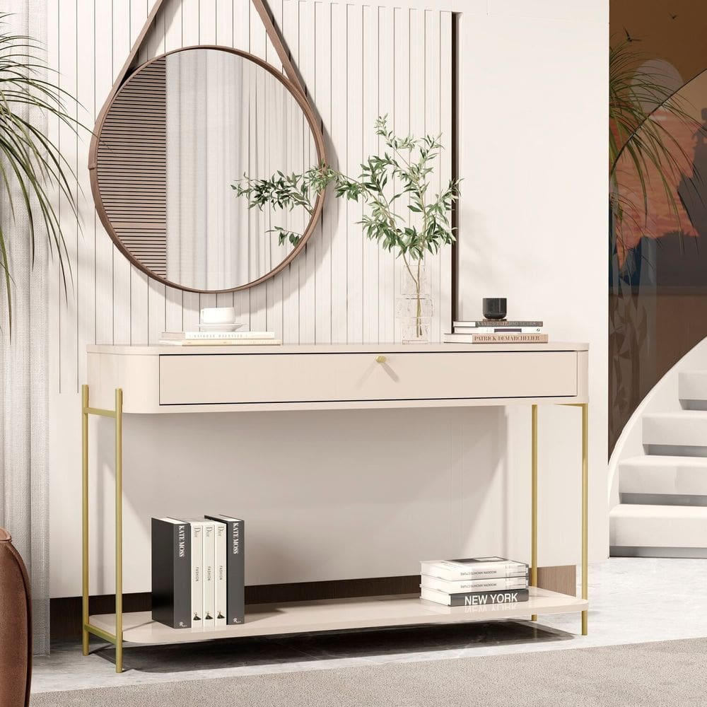 Aparador Curvo Tucupí 1 Gaveta com Pés e Puxador em Metal Off White/Dourado