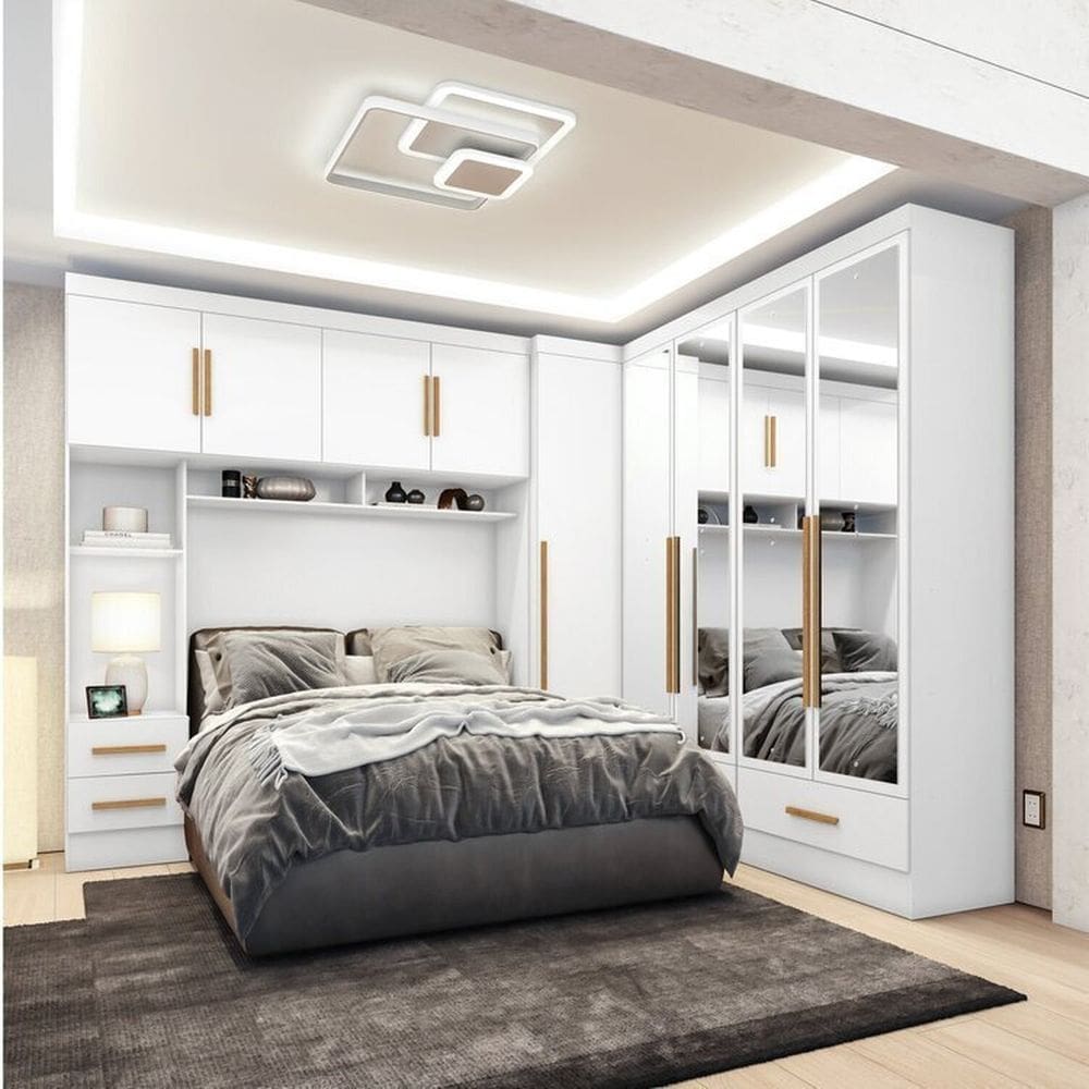 Quarto Modulado Casal Completo 4 Peças 5 Portas 4 Gavetas com Maleiro e Espelhos Smart Plus Branco