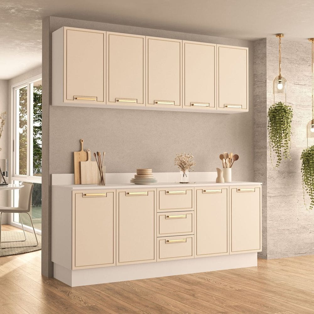 Cozinha 4 Peças Balcão 3 Gavetas 4 Portas Aéreo 5 Portas com Tampo Amara Branco/Creme
