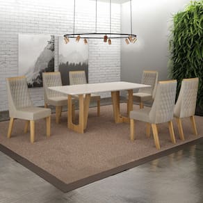 Conjunto Sala de Jantar Mesa 160cm Tampo de 2,5cm com 6 Cadeiras Luna Cinamomo/Off White/Bege