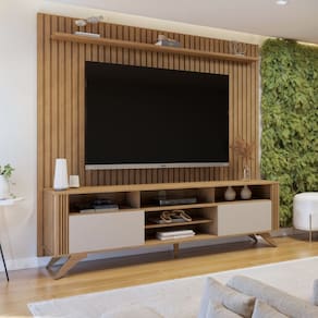 Rack Bancada Mariana Pés Madeira Maciça com Painel Vitória para TV até 65 Polegadas Cinamomo/Off White