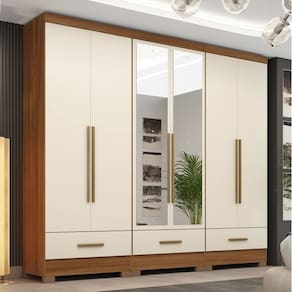 Quarto Modulado 3 Peças 6 Portas 3 Gavetas com Espelhos Smart Plus Cinamomo/Offwhite
