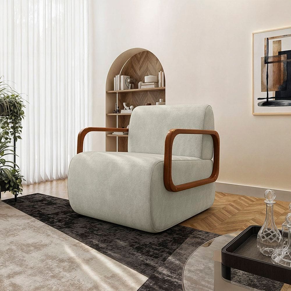 Poltrona Decorativa Orgânica com Braço em Madeira Caicos Espresso Móveis Bege