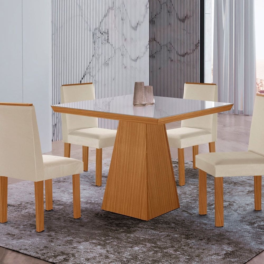 Conjunto Sala de Jantar Mesa Tampo de Vidro 4 Cadeiras Flora Yescasa Castanho Cinamomo/Creme/Off White