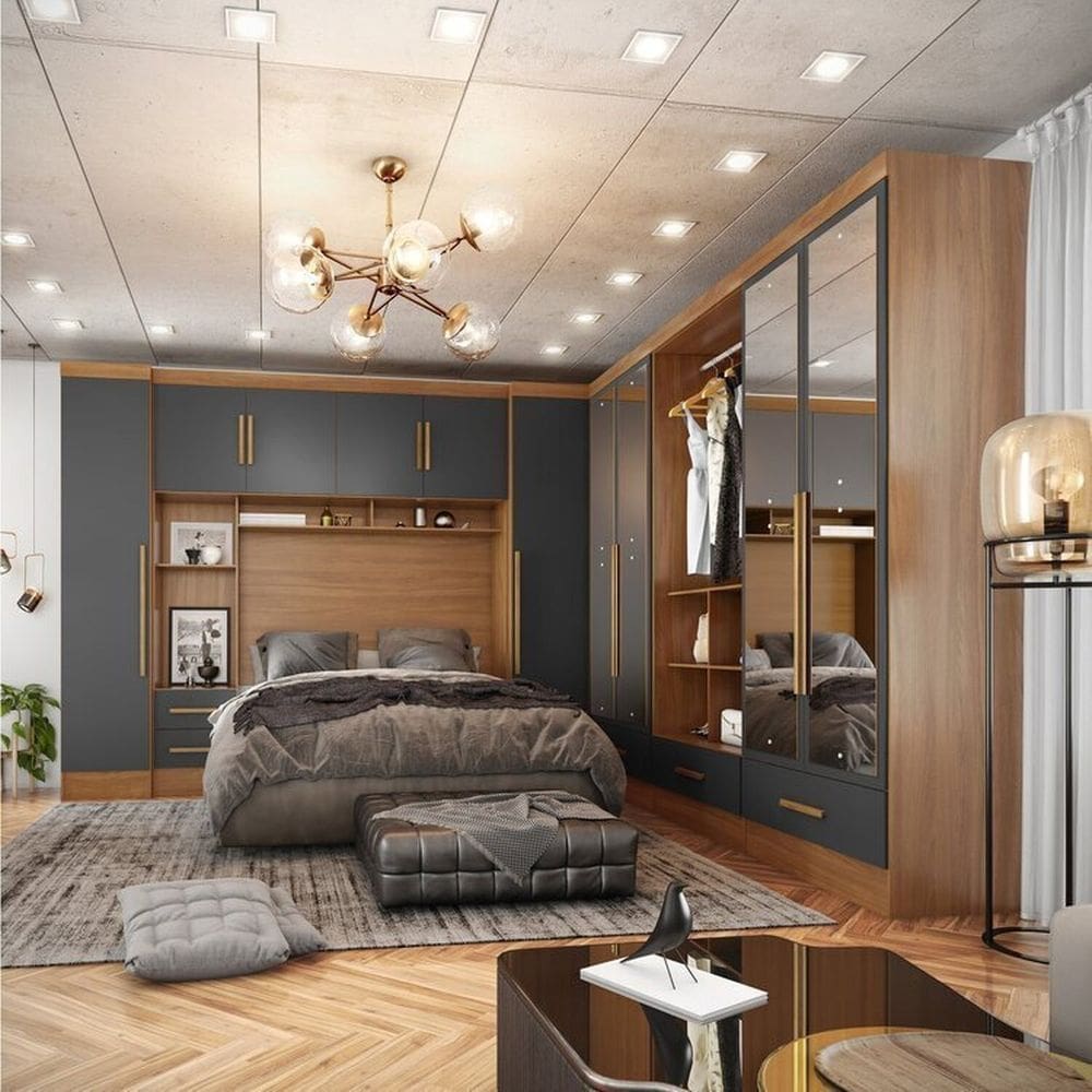 Quarto Modulado Casal Completo 6 Peças 6 Portas 5 Gavetas com Maleiro e Espelhos Smart Plus Cinamomo/Cinza