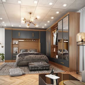 Quarto Modulado Casal Completo 6 Peças 6 Portas 5 Gavetas com Maleiro e Espelhos Smart Plus Cinamomo/Cinza