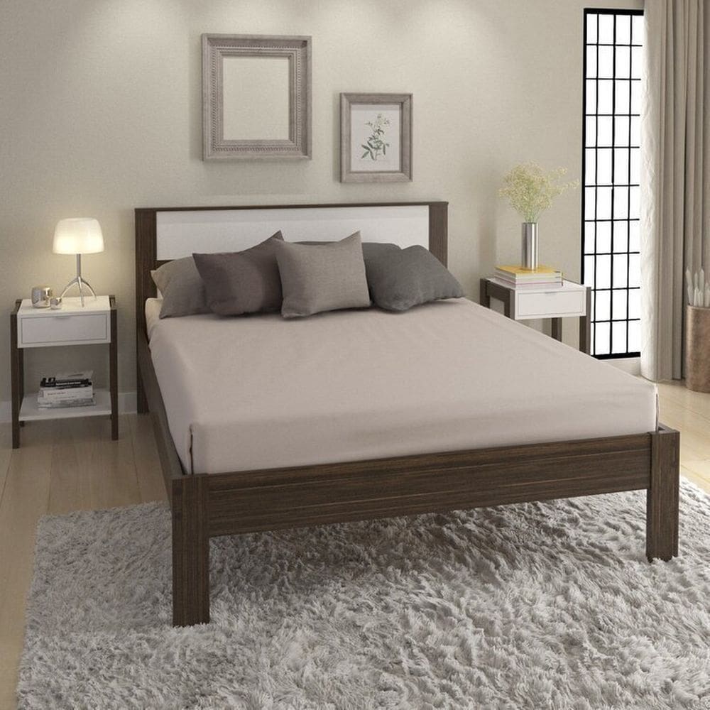 Conjunto Cama Casal com 2 Mesas De Cabeceira Branco/Nogal