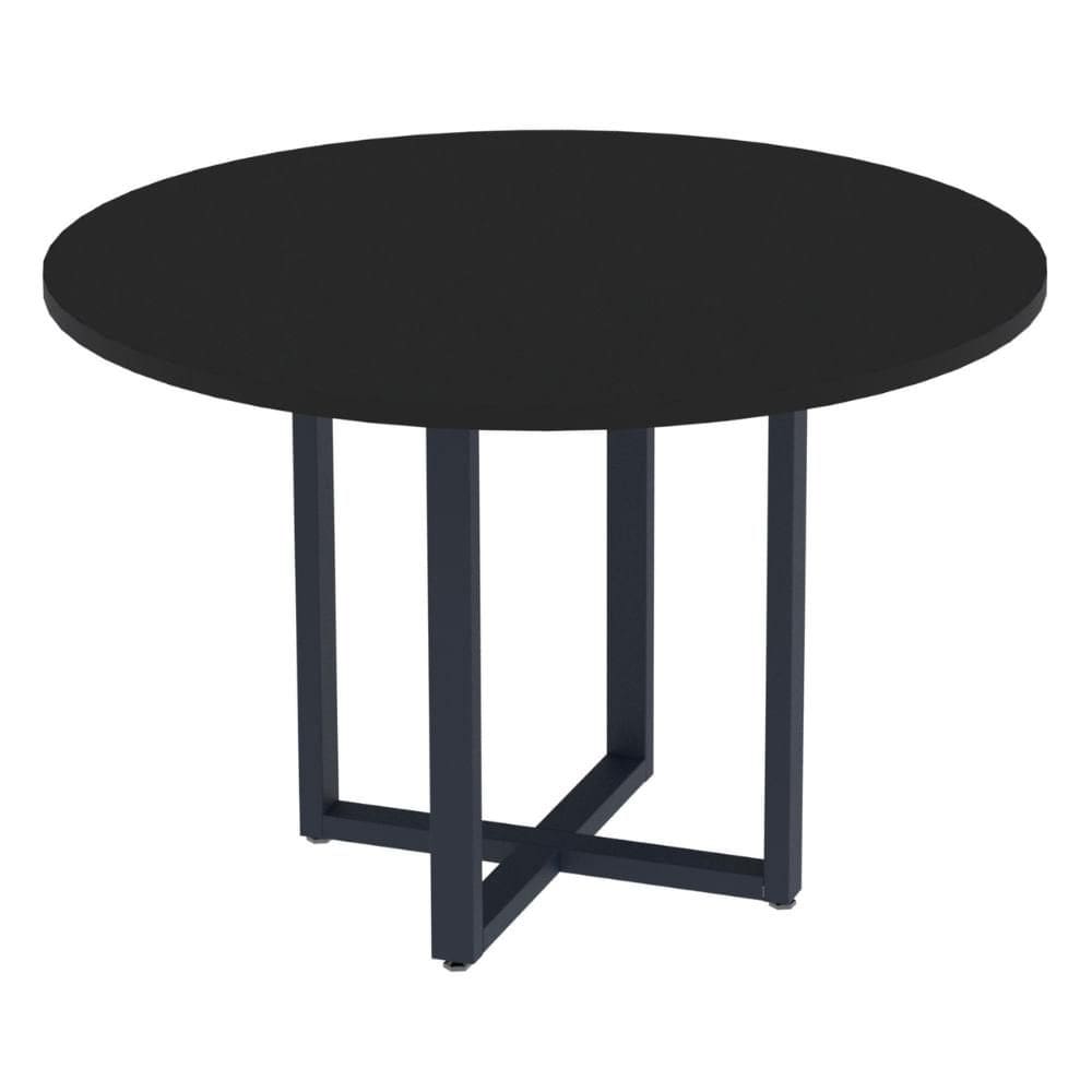 Mesa de Reunião Redonda P25 Pandin 110 cm (Largura) Tampo MDP Preto Pé Aço Tubular Azul Del Rey
