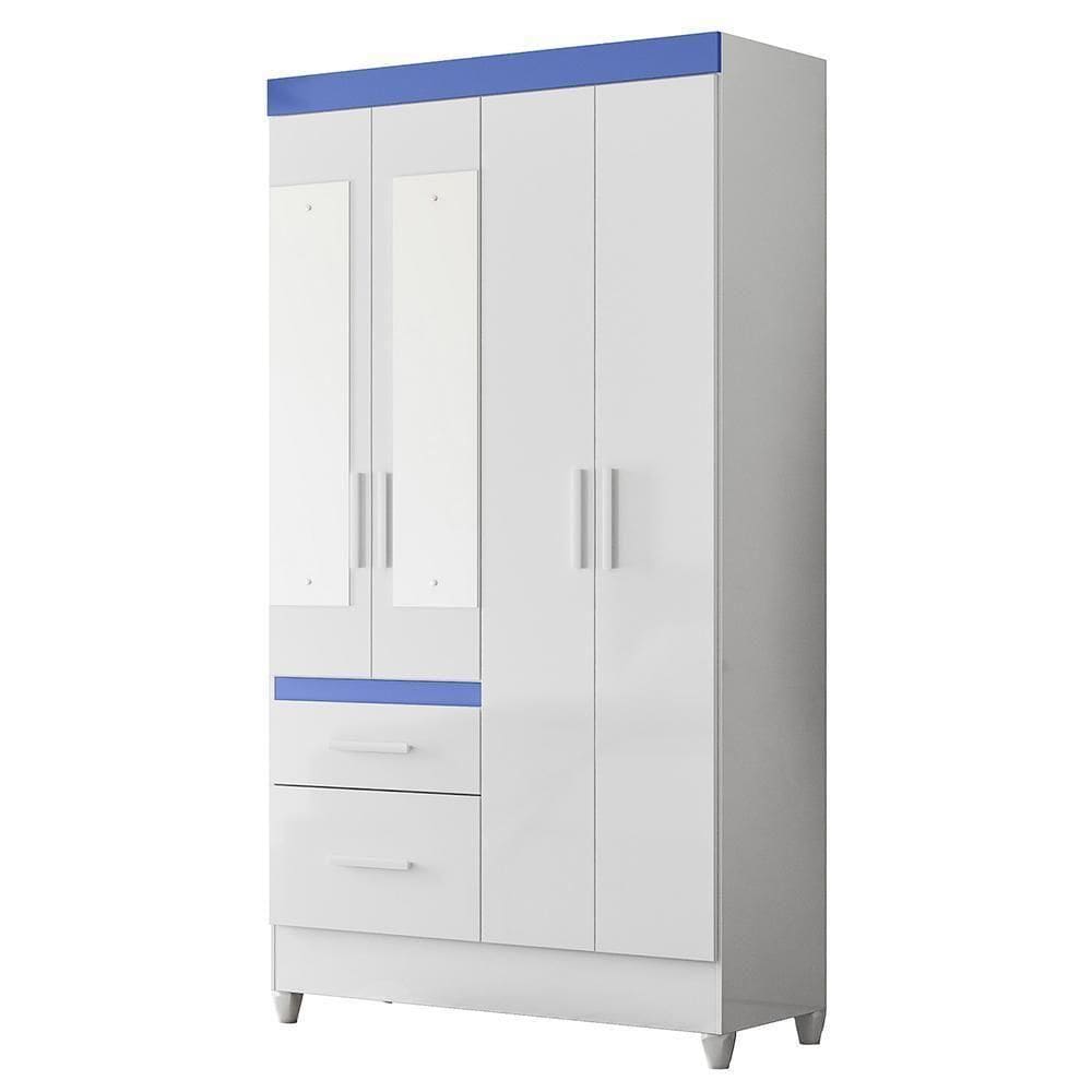 Guarda Roupa Solteiro Madri 4 Portas E 2 Gavetas Flex Branco Azul Com Espelho Moval Branco Azul