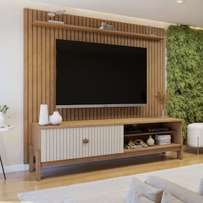 Rack com Painel Vitória para TV até 55 Polegadas 2 Portas MDF Fresado Cinamomo/Off White