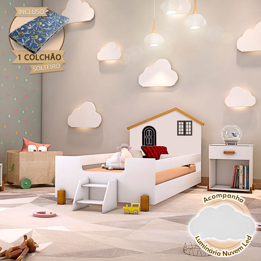 Cama Montessoriana Infantil Solteiro Belissima Preta - Branca e Amêndoa + Luminária Led + Colchão
