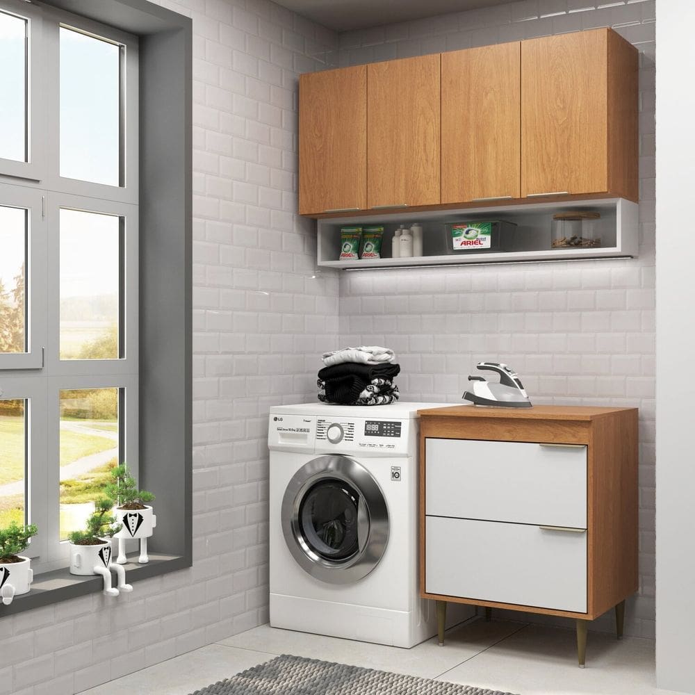 Lavanderia Modulada 2 Peças Aéreo 120 cm 4 Portas e Balcão 80 cm 2 Portas Ágata, Xingu/Branco