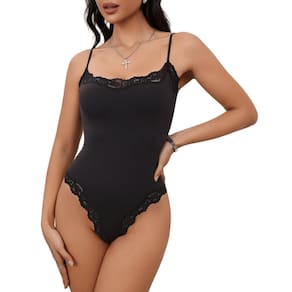 Macacão Starrylion de renda com forro duplo, gola quadrada, feminino, preto