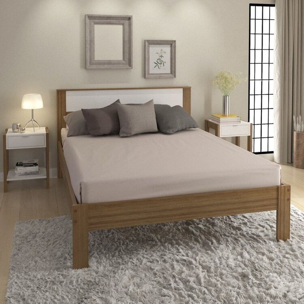 Conjunto Cama Casal com 2 Mesas De Cabeceira Branco/Amêndoa