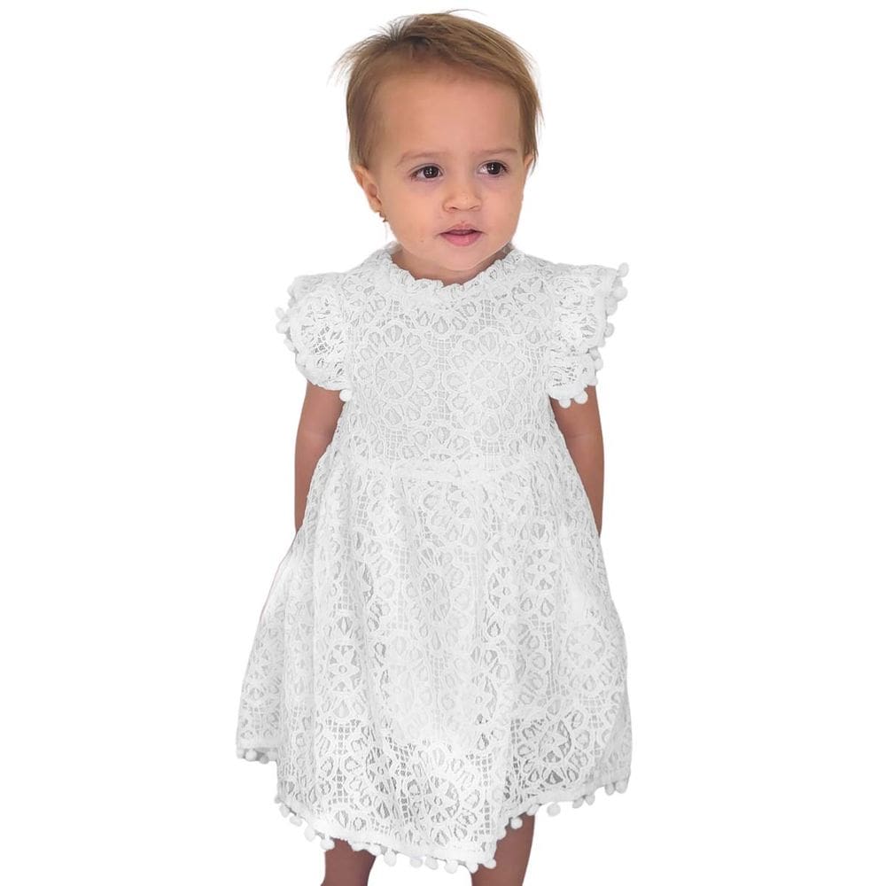 Vestido Infantil Branco em Renda com Manga Curta Batizado