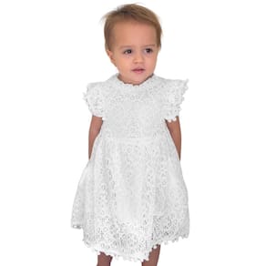 Vestido Infantil Branco em Renda com Manga Curta Batizado
