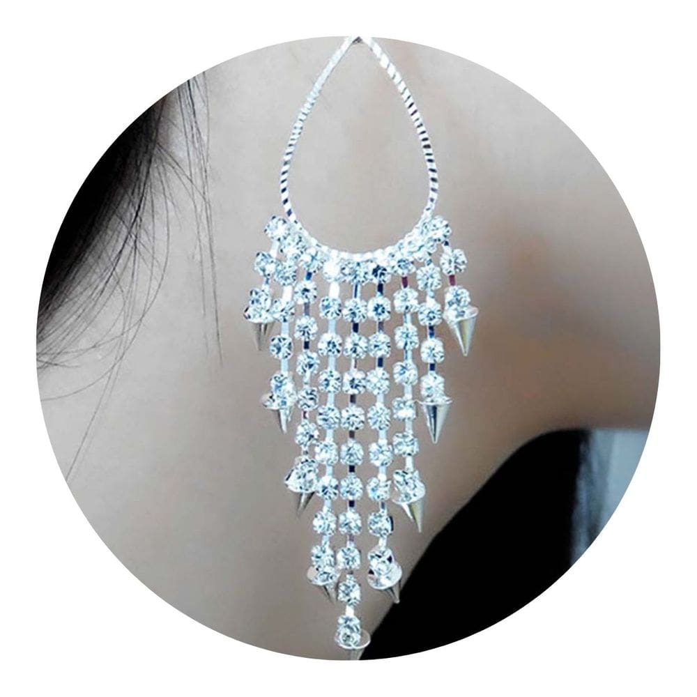 Brinco Feminino Franja Médio Strass Prateado Tendência Festa