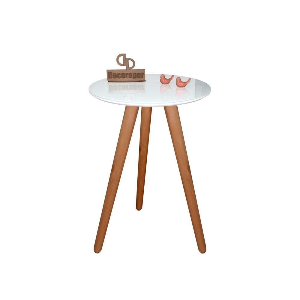 Mesa De Canto Pés Palito Amadeirado Com Tampo Vidro 45cm Branco 70cm