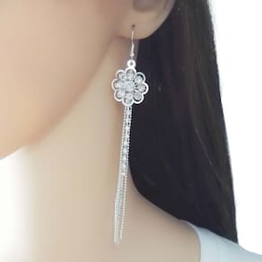 Brinco Feminino Franja Longo Strass Prateado Flores Brilho