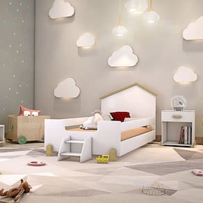 Cama de Criança Infantil com Escadinha Solteiro Ayla - Branca e Natural