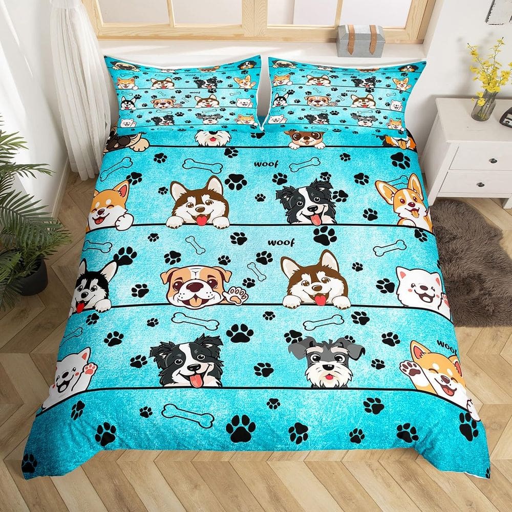 Conjunto de capa de edredom Manfei Cartoon Puppy em tamanho real com 2 fronhas