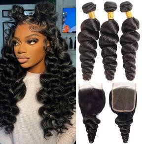 Pacotes de cabelo Loose Wave com fecho Releek 12A Brazilian Hair