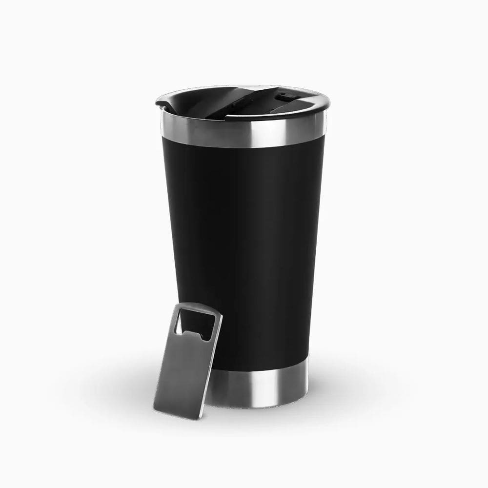 Copo Térmico Inox Para Cerveja Com Tampa e Abridor 473ml - PRETO