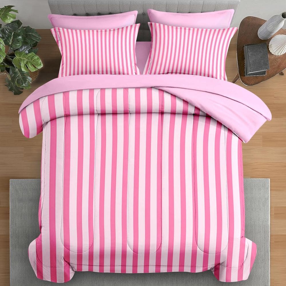 Conjunto de edredom Pamnest em tamanho real listrado rosa retrô, 7 unidades