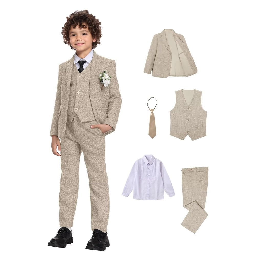 Terno infantil ACAMZ Tweed Herringbone, 5 peças de smoking para menino tamanho 4