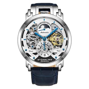 Relgio Automtico Menai 906, Mostrador Prateado 47mm, Pulseira de Couro Azul Fivela Tang Prata - Stuhrling
