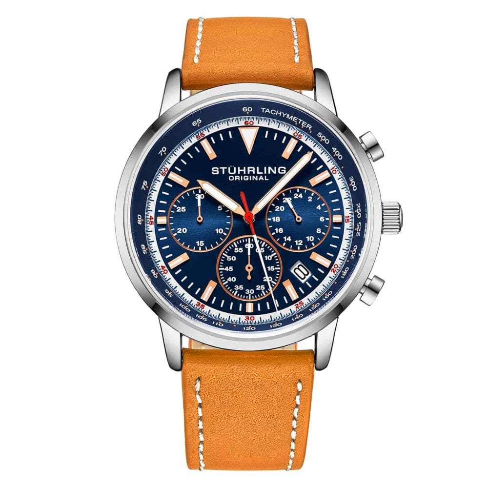 Relgio Stuhrling 3986L Crongrafo de 44mm com Mostrador Azul, Pulseira de Couro Castanho e Fivela de Implantao Prateada