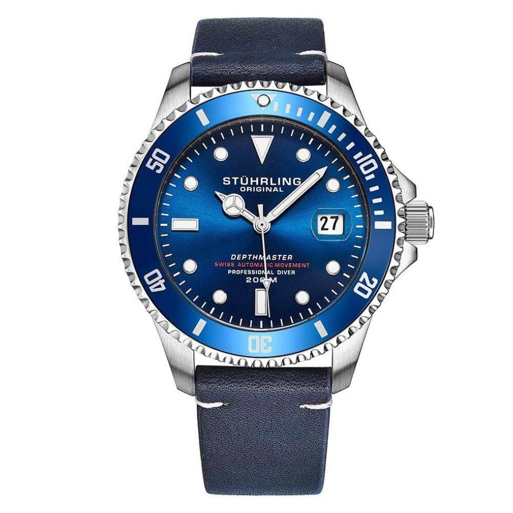 Relgio Swiss Automtico Depthmaster 883 42mm, Mostrador Azul e Prata, Pulseira de Couro Azul Prova d`gua - Stuhrling