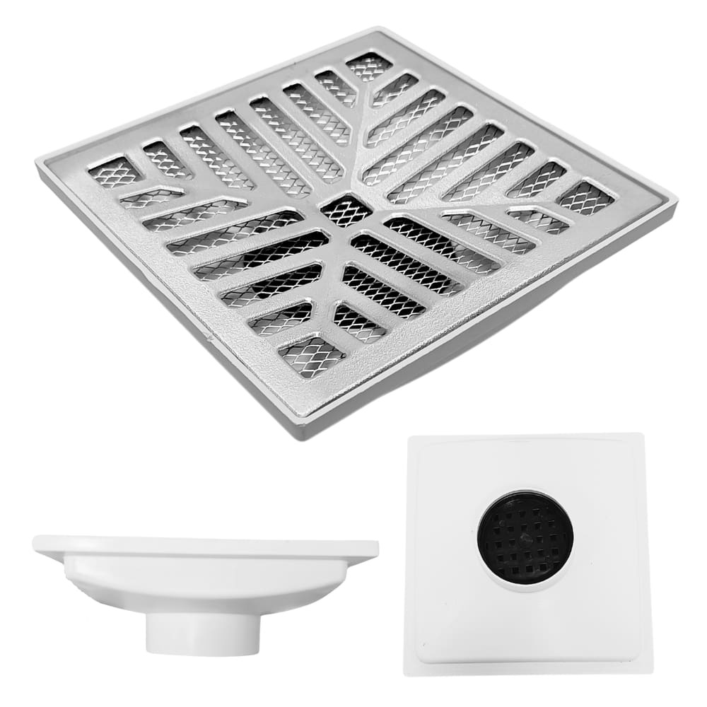Ralo Pluvial 20x20 Alumínio Concava Coletor Branco Saída Baixa de 75mm e Dupla Tela contra insetos