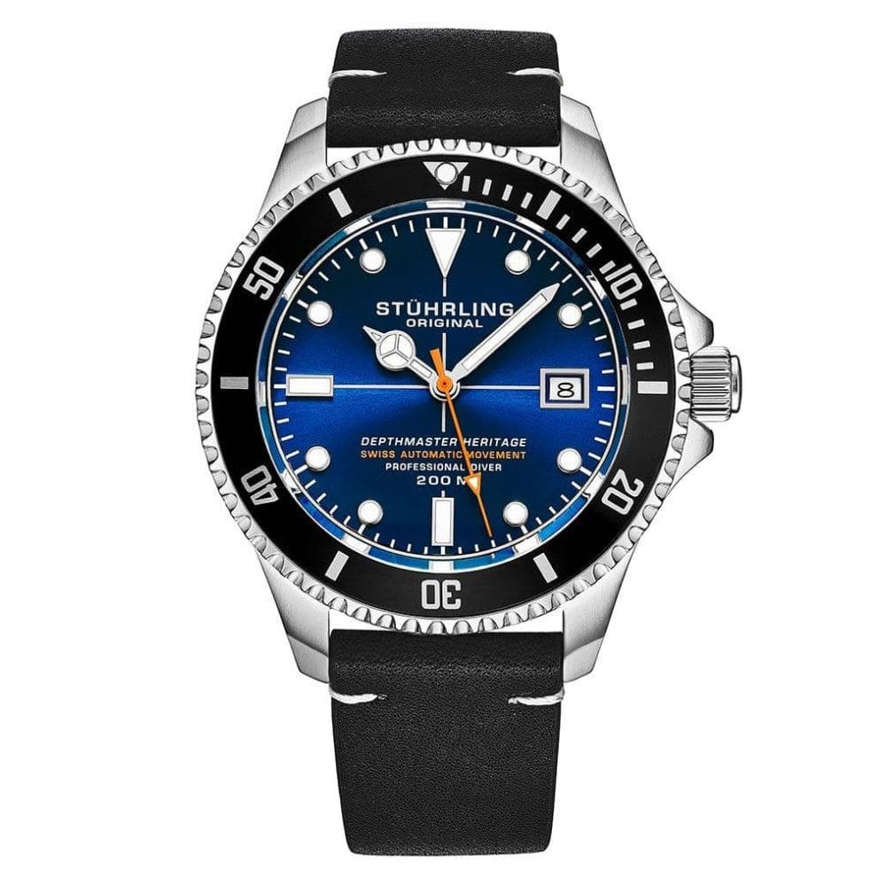 Relgio Swiss Automtico Depthmaster Heritage 883H 42mm, Mostrador Azul e Prata, Pulseira de Couro Preto Prova d`gua - Stuhrling.