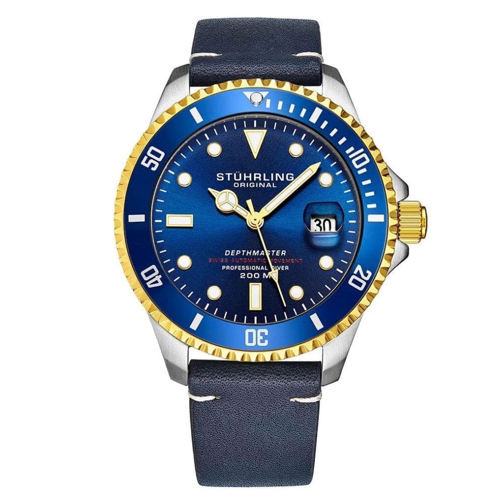 Relgio Swiss Automtico Depthmaster 883, mostrador azul, pulseira de couro prova d`gua, 42mm - Stuhrling.