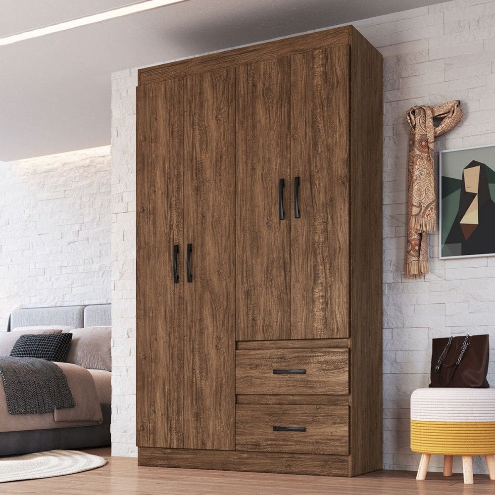 Guarda-Roupa Solteiro Dallas 4 Portas 2 Gavetas Castanho - Doripel Móveis
