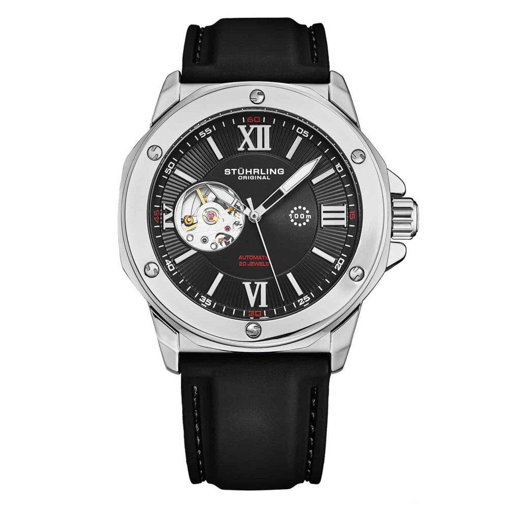 Relgio Automtico Edwardian 4018 44mm Prateado com Mostrador Preto e Pulseira Preta - Stuhrling