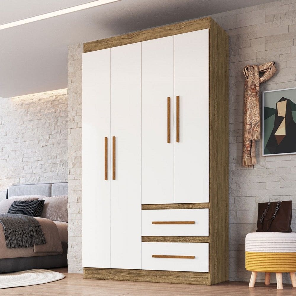 Guarda-Roupa Solteiro Palermo 4 Portas 2 Gavetas 100% MDF Off White/Nogueira - Doripel Móveis
