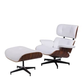 Conjunto Poltrona Girátoria e Puff Eames PU Branco Base Metal