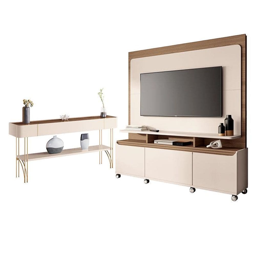 Estante Home Theater Quantum e Aparador Vivant Off White Castanho - HB Móveis